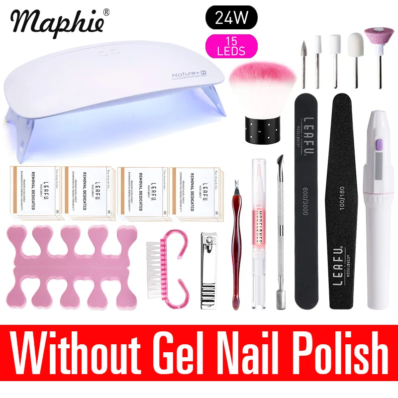 24W Without Gel Maphie УФ светодиодная лампа для дизайна ногтей маникюрный набор профессиональный УФ-гель для ногтей наборы 12 цветов гель лак основа верхнее покрытие наборы для ногтей - Цвет: 24W Without Gel