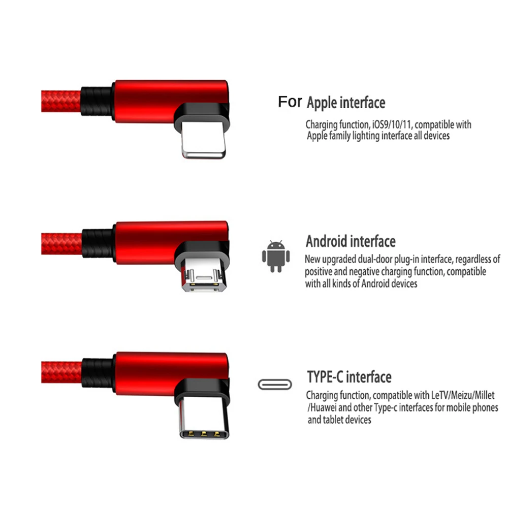 QC 3.0 مزدوجة الكوع الهاتف المحمول USB كابل بيانات المصغّر USB نوع C كابل لسامسونج غالاكسي S9 S8 زائد كابل الشاحن
