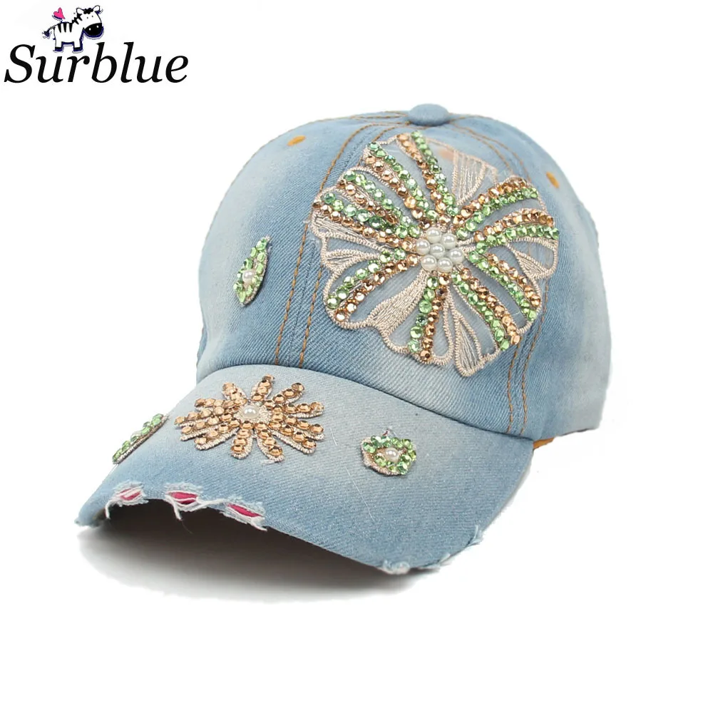 Surblue Fashion Cotton Jean Caps Women Rhinestone baseball cap Lady
