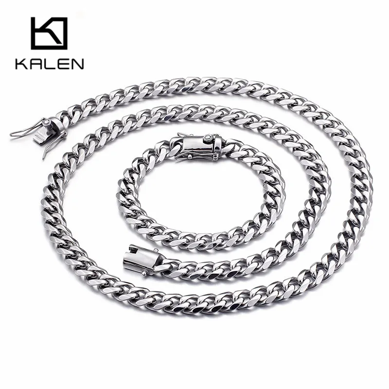 

KALEN Silver Stainless Steel Statement Jewelry Sets For Men Fashion 76cm Long Chain Necklaces & Bracelets Jewelry Sets For Women