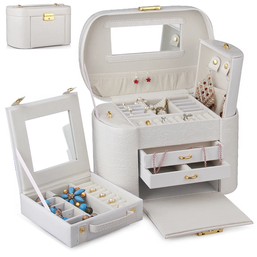 Large Deluxe Jewelry Box Round Faux Leather Jewellery Storage Case PU