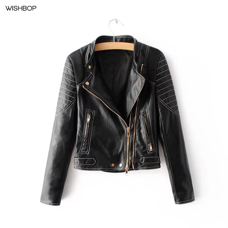 

2017 Autumn Fashion Woman Black Faux Leather Biker Jacket Stand Collar Long Sleeves with Quilted Pleated Front Gold Zipper