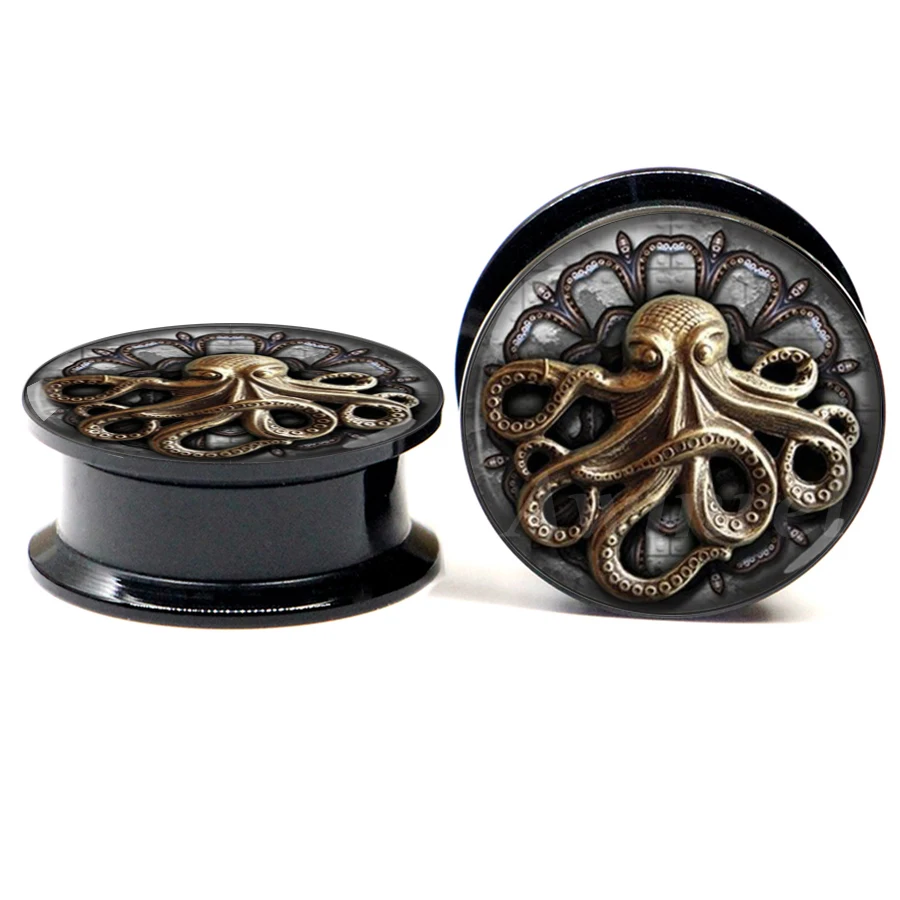 

PAIR OF Steampunk Octopus Acrylic Ear Plug Gauges Screw Fit Flesh Tunnel Eyelet Body Piercing Jewelry 2 Pieces ASP0292