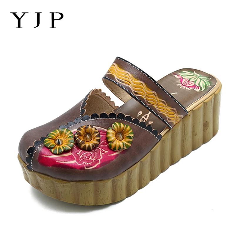 

YJP Retro Genuine Leather Platform Slippers Women Shoes Summer Casual Shoes Woman Round Toe Bohemian Slippers Beach Slides New