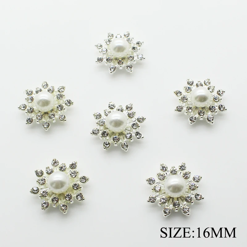 

10pcs/lot 16MM Alloy Pearl Buttons Rhinestone Buttons for Clothing Snap Flat Back Fabric Buttons for Wedding Hair Tie Decorative