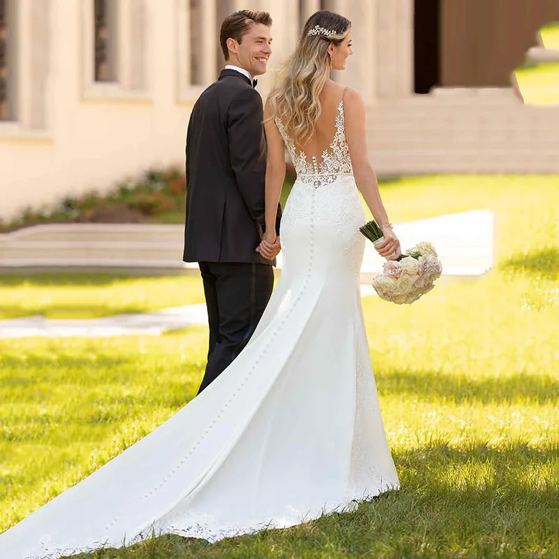 

LORIE Mermaid Wedding Dresses 2019 Boho V Neck Appliques Lace Stain Bride Dress vestidos de noiva Buttons Wedding Gowns