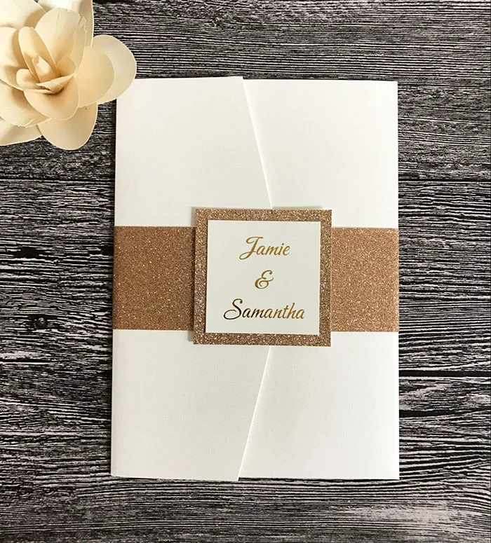  Glitter Pocketfold Wedding Invitations with belly band CA0766 - 32828301947
