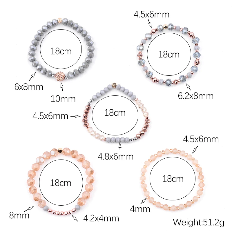 BOJIU 5 Pcs/Set Trendy Faceted Crystal Bracelets For Women Gold Rose Gold Gray Bead Multilayer Bracelets Femme Jewelry BCSET235