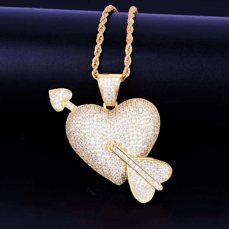 Heart Arrow Pendant Necklace Gold Color AAA Cubic Zircon Men's Hip