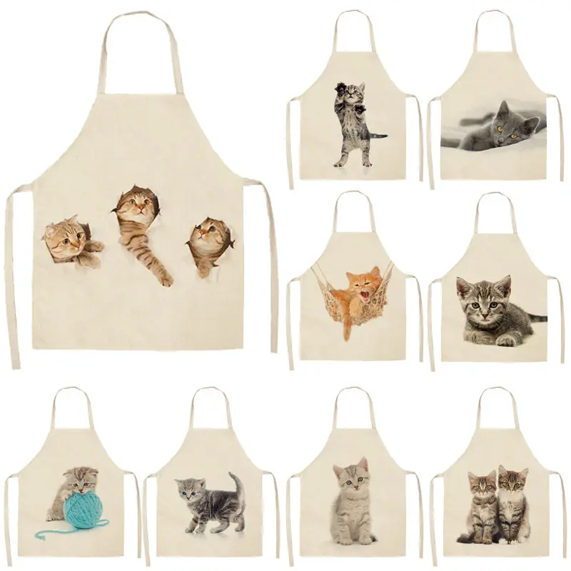 

1Pcs Lovely Cat Pattern Kitchen Apron for Women Cotton Linen Bibs Household Cleaning Pinafore Home Cooking Aprons 53*65cm Q0009