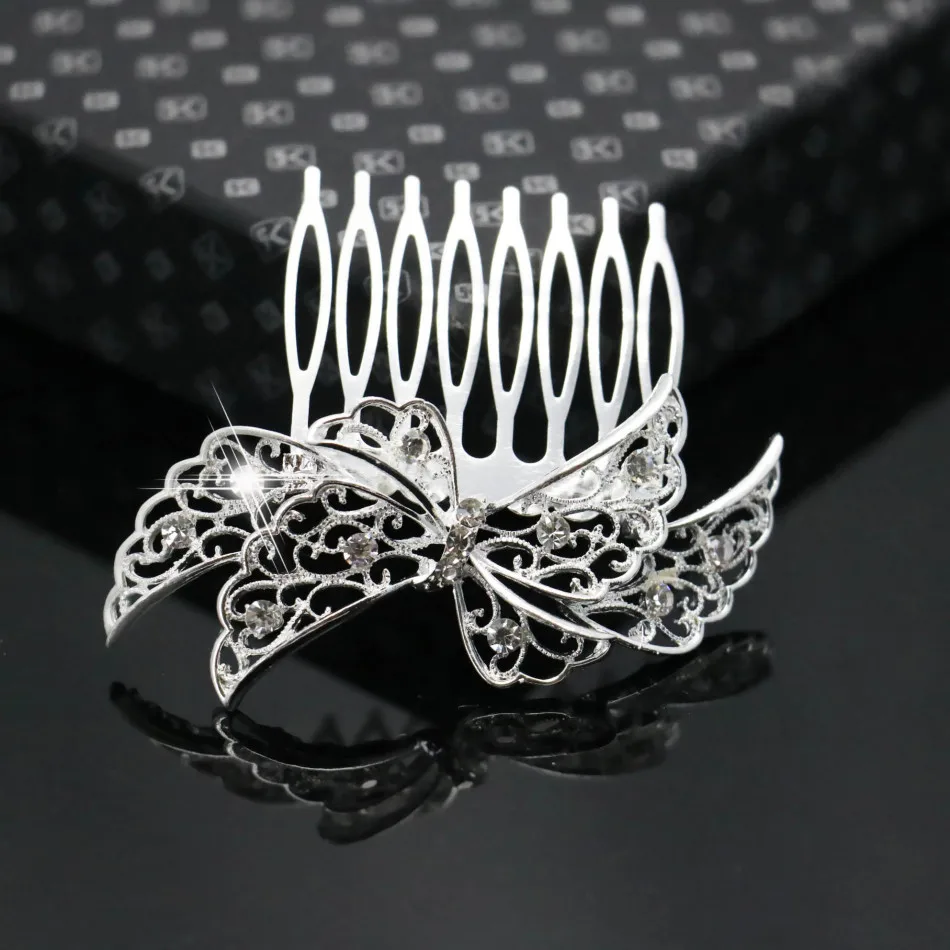 Trendy Hairwear Women Rhinestone Crystals Comb Flower Hair for Wedding Bowknot Jewelry Accessories Bridal | Украшения и