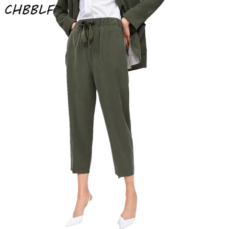 

CHBBLF women elegant solid casual straight pants bow tie elastic waist female green trousers chic fashion pants BGB9178