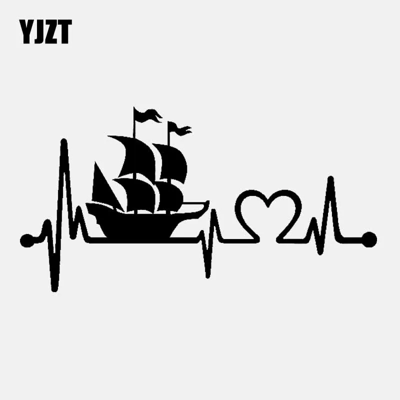 

YJZT 15CM*7.8CM Pirate Ship Heartbeat Lifeline Vinyl Decal Car Sticker Jolly Roger Skull Crossbones Black/Silver C3-1841