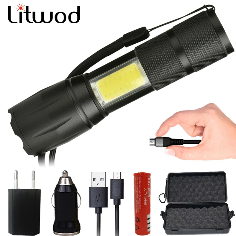 

litwod Z30 103C LED Flashlight XM-L T6 + COB 5000LM Torch waterproof light Micro USB port lantern 4 Modes Zoomable for Camping