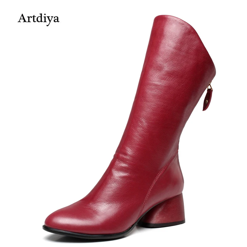 

2018 New Women Boots Head Layer Cowhide Leather Boots Handmade Retro Minimalist Genuine Leather Mid-Calf Boots Black/Red 898B-8