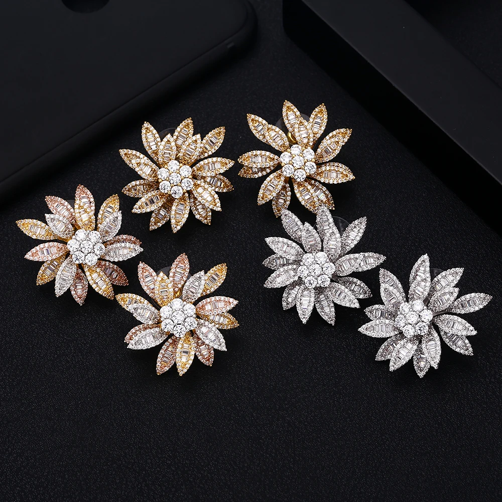 Jankelly Мода Роскошный цветок Blossom серьги гвоздики для женщин Свадебные кубического циркония Кристалл Африка Дубай золотые свадебные