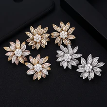 Jankelly Мода Роскошный цветок Blossom серьги гвоздики для женщин Свадебные кубического циркония Кристалл Африка Дубай золотые свадебные