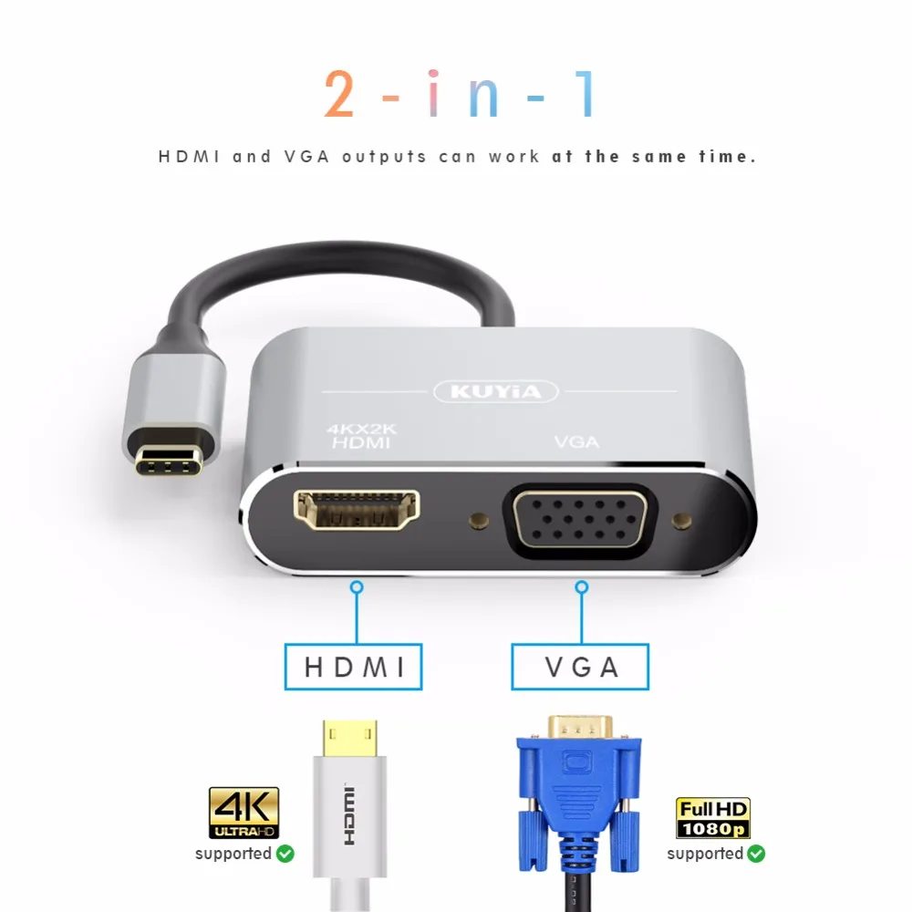 USB C к HDMI адаптер 3 1 Type VGA для MacBook Chromebook Pixel Galaxy S8 и многое другое (серый)|Кабели