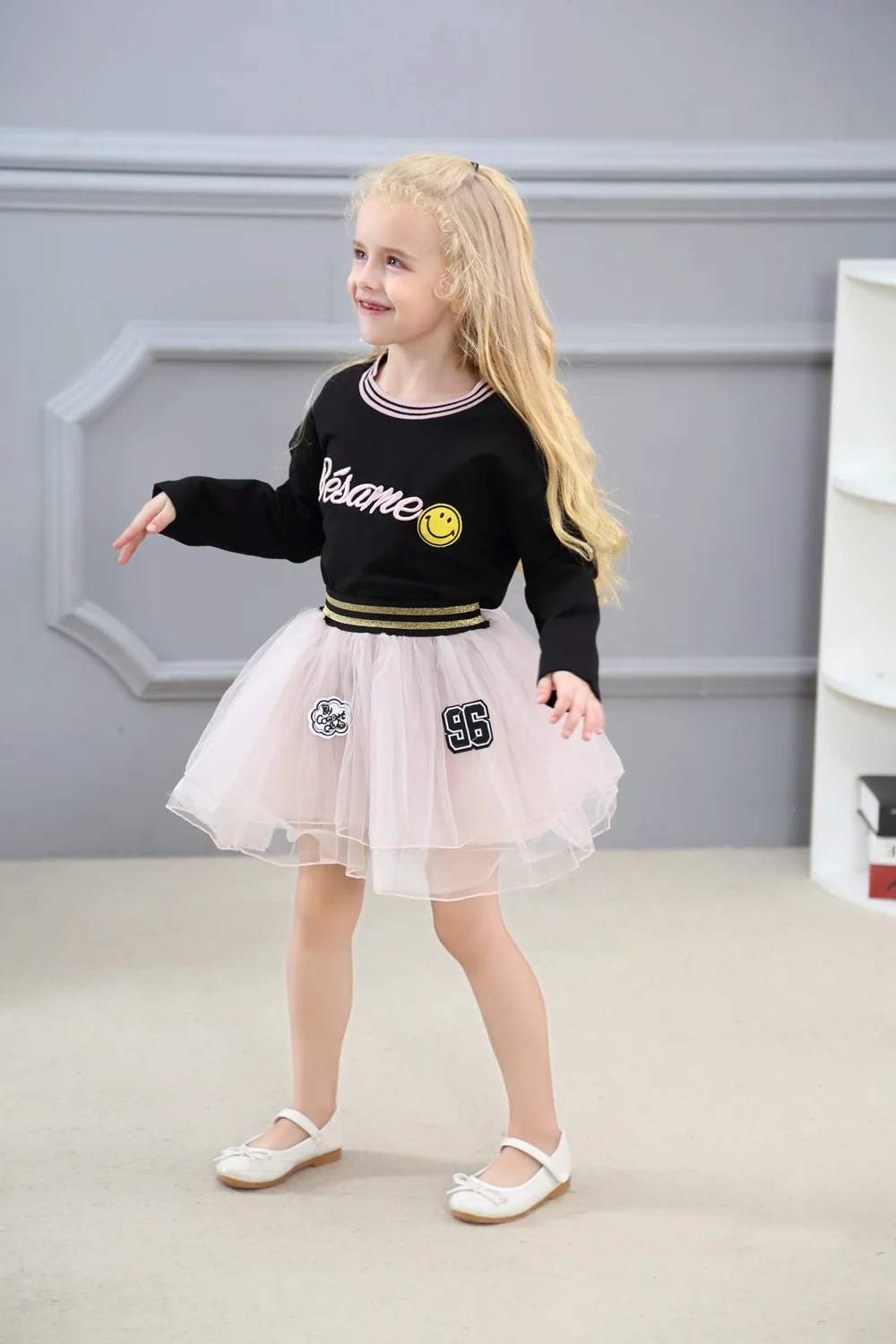 Alice/детская одежда коллекция года, новая осенняя флисовая одежда с надписью и улыбающимся лицом для девочек+ этикетка пряжа юбки Комплекты из 2 предметов