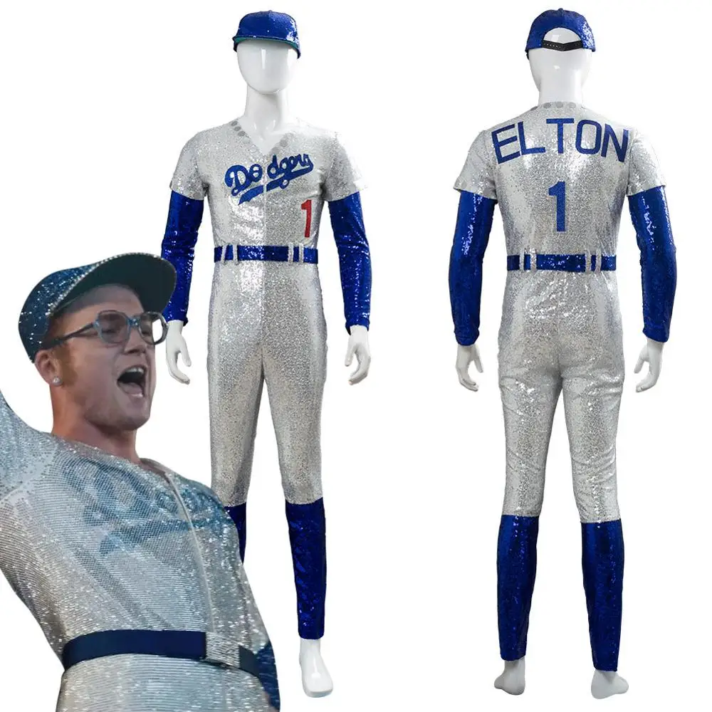 

Rocketman Cosplay Elton John Dodgers Jumpsuit Costume Adult Men Women Baseball Uniform Cap Set Halloween Carnival Party Costume