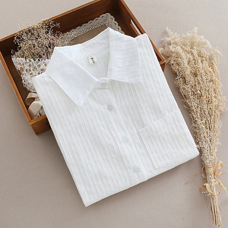 Foxmertor хлопковая рубашка белая блузка весна осень женские блузки повседневные топы с длинными рукавами однотонные карманные Блузы#06