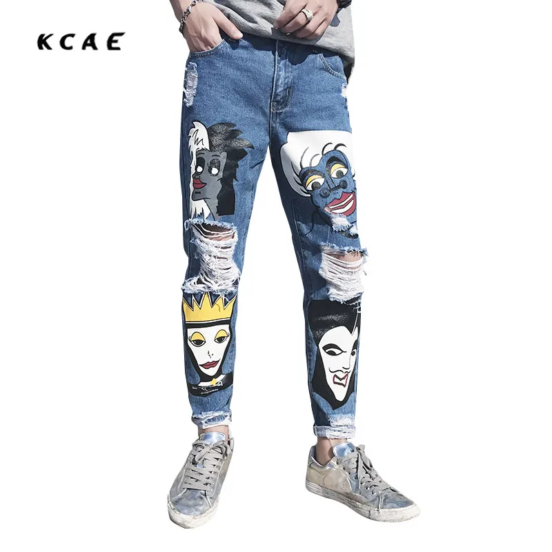 

2017 New Graffiti Printing Patch Biker Hip Hop Men Jeans Pants Fashion Casual Hole Ripped Denim Mens Blue 9 points trouser