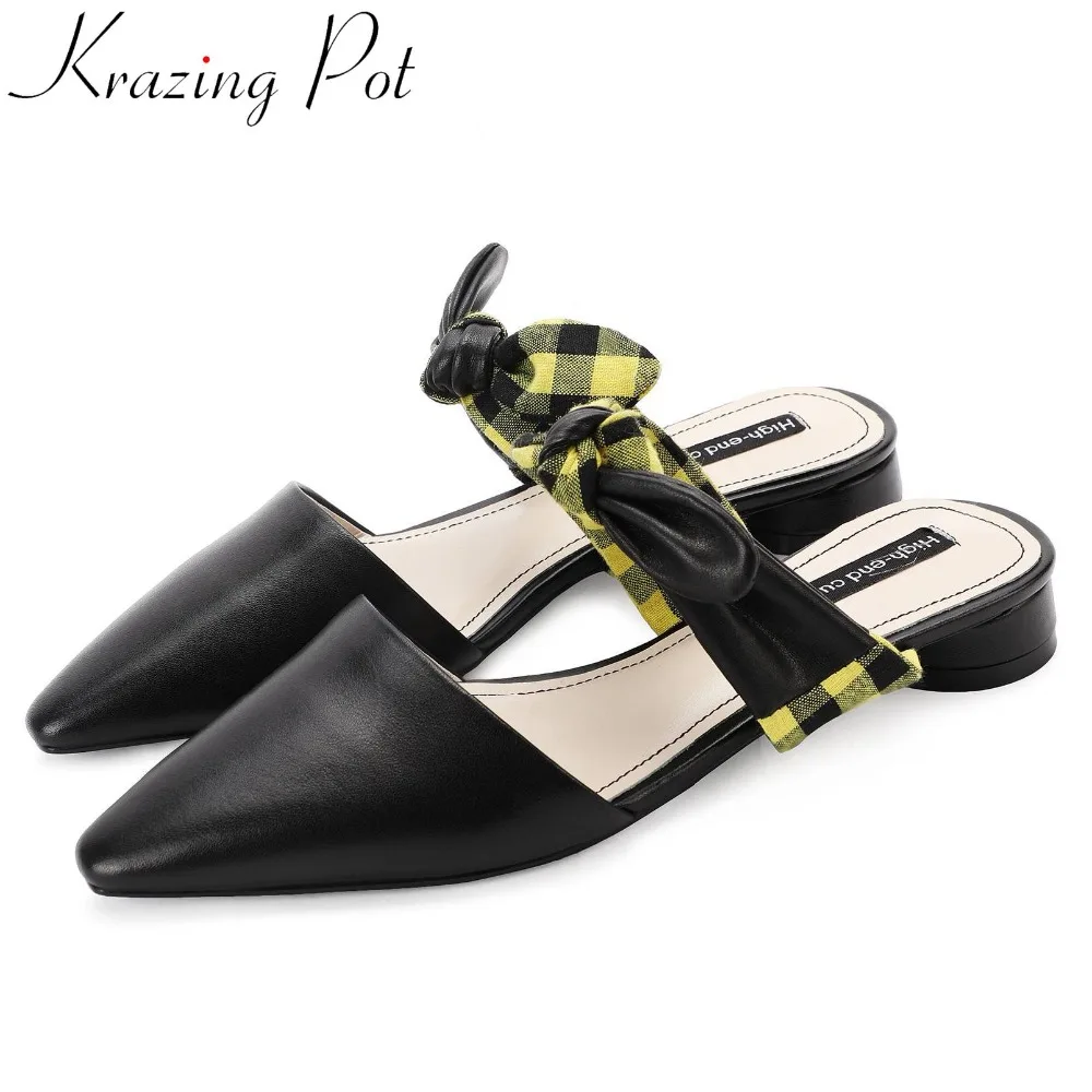 

Krazing Pot simple style slip on mules natural leather butterfly-knot decoration square toe round low heels dating slippers L17