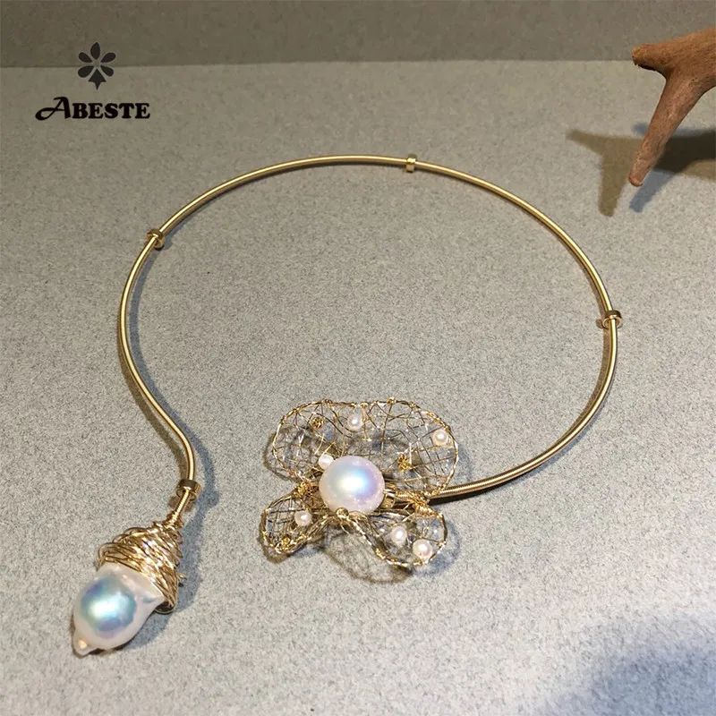 

ANI 14K Roll Gold Handmade Women Torques Natural Freshwater White Pearl Roll Gold Bijioux fine Engagement Jewelry Lady Necklace