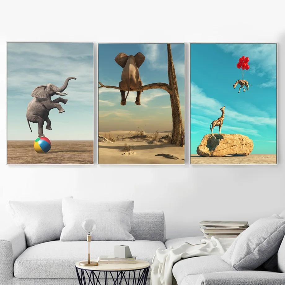 Сюрреалистический слон жираф настенная живопись на холсте скандинавские плакаты и принты фотографии животных на стену для гостиной домашний декор
