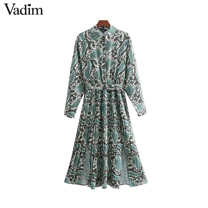 

Vadim chic snake print shirt dress animal pattern bow tie sashes elastic waist pleated long sleeve midi dresses vestidos QB240