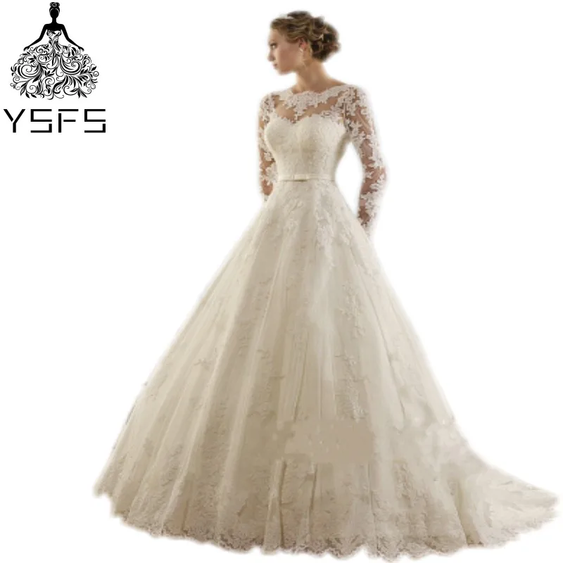 Luxury Long Sleeve Lace Wedding Dresses A Line Elegant Appliques Low