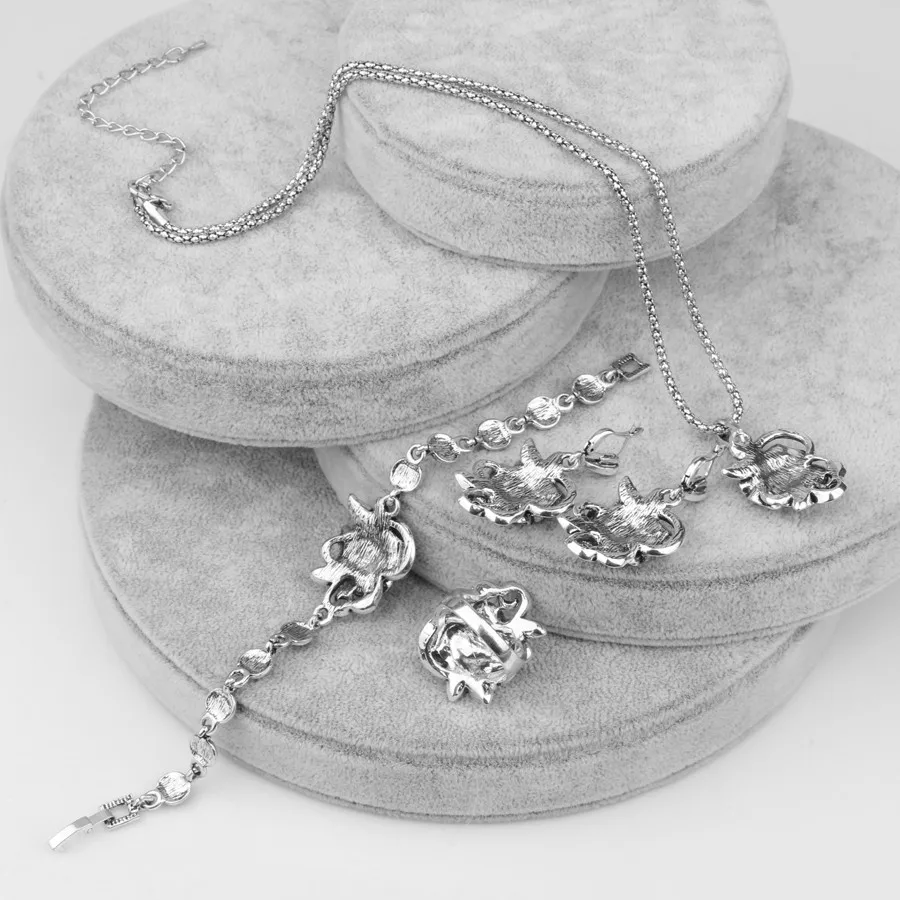 Kinel Hot Grey Crystal Roses Jewelry Set For Women Tibetan Silver Ring Necklace Earrings Bracelet Vintage Wedding Jewelry Sets - Image 5