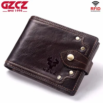 

GZCZ New 100% Genuine Leather Wallet Men Male Coin Purse Portomonee Clamp For Money For Zipper Pocket Card Holder Hasp Money Bag