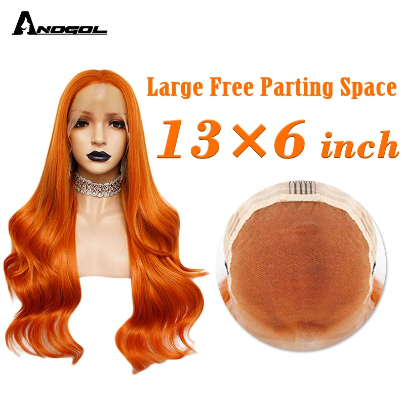 

ANOGOL 13x6 Big Lace Orange Long Body Wave Synthetic Lace Front Wigs Heat Resistant Fiber 26 inch Natural Hairline For Women