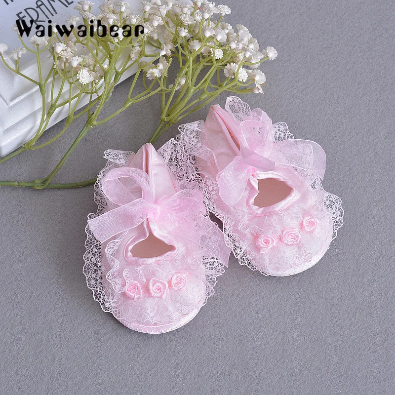 Waiwaibear Hot Sale  Baby Shoes Lace Flower Soft Soled First Walker Infant Toddler Princess Lace-Up Shoes For Newborn Baby Girls