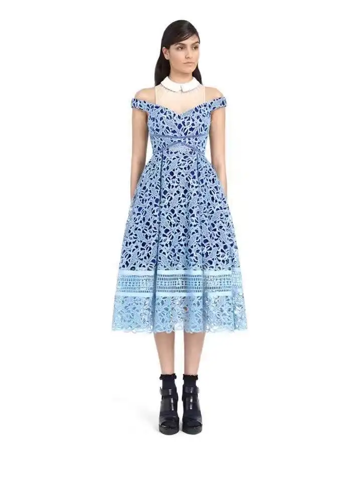 

High-end custom self-portrait autumn 2019 the runway designer sleeveless hollow-out lace water soluble flower dress