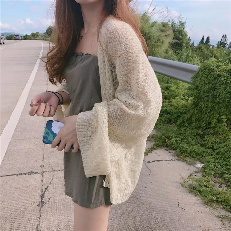 

Women Korean College Style Lazy Loose Sunscreen Cardigan Outwear Summer Sexy Knitting Cardigan Long Flare Sleeve Casual Thin Top