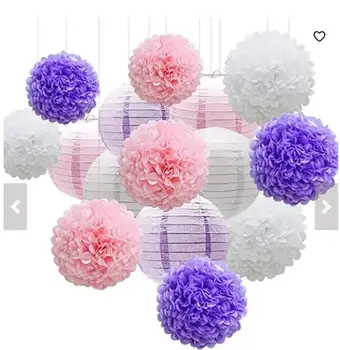 

15pcs Mermaid Party Decor Pink Purple White Paper Flowers Pom Poms Balls and Paper Lanterns for Wedding Birthday Bridal Decor