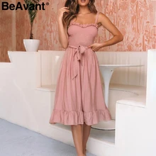 BeAvant элегантное Плиссированное женское хлопчатобумажное платье с рюшами; с высокой талией летнее платье Розовый Спагетти ремень женское платье-миди платье vestidos