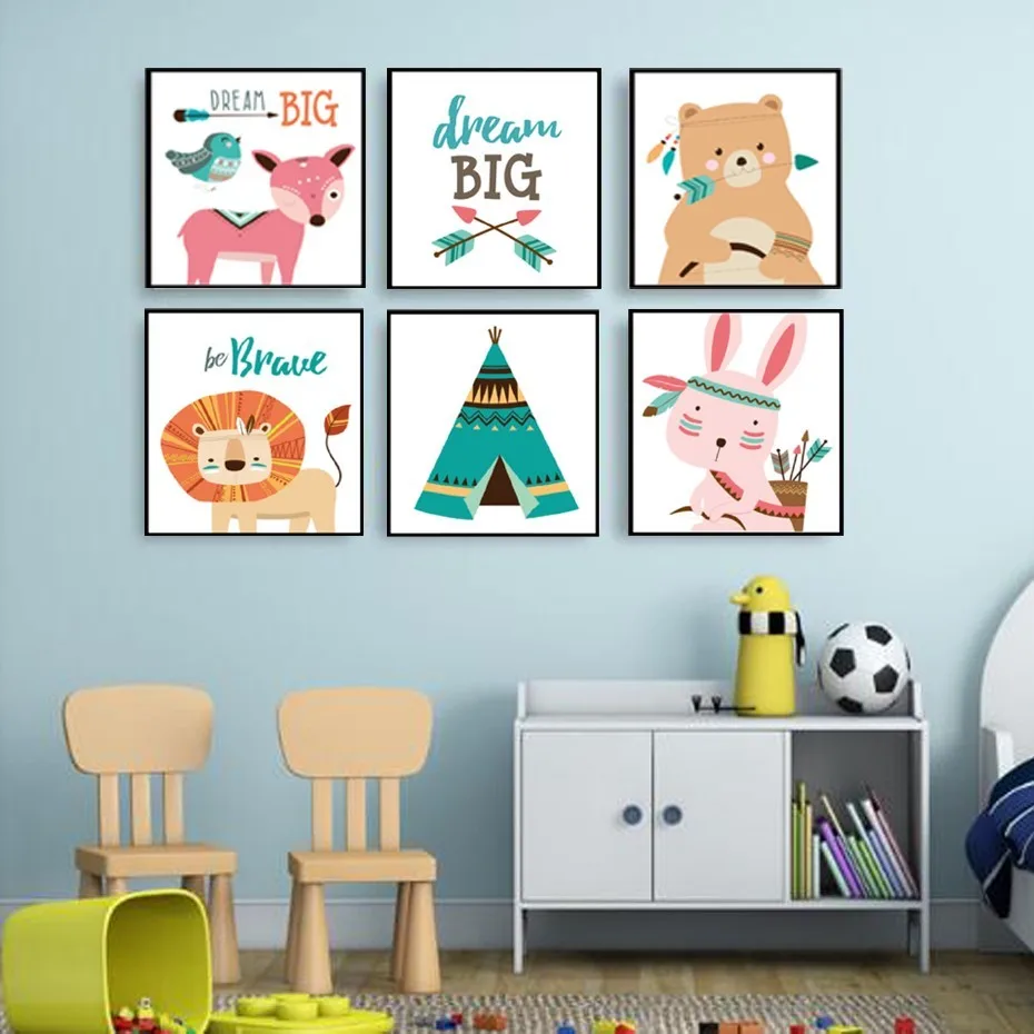 

Cartoon Bear Deer Fox Nursery Canvas Paintings Dream Big Wall Art Pictures Posters Prints Kids Gift Bedroom Home Decor