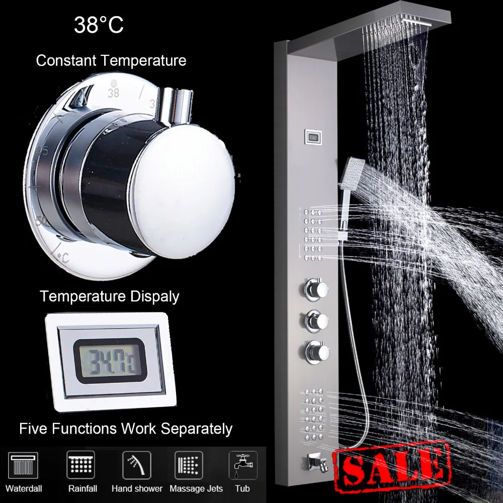 

Shower Thermostatic Panel Tower Rainfall Bathroom Shower Body Jet Brushed Nickel Waterfall Shower Faucets
