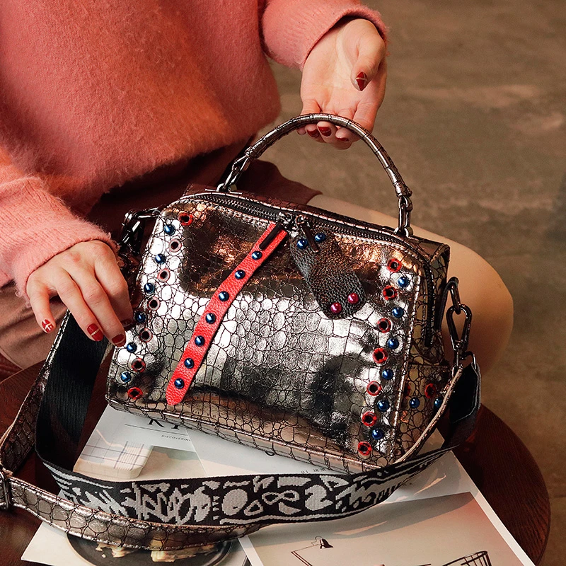 

Women Totes Luxury Shoulder Bags Black Red Silver Rivets Decor Women Glossy Leather Punk Handbags 2019 New Ladies Crossbody Bags