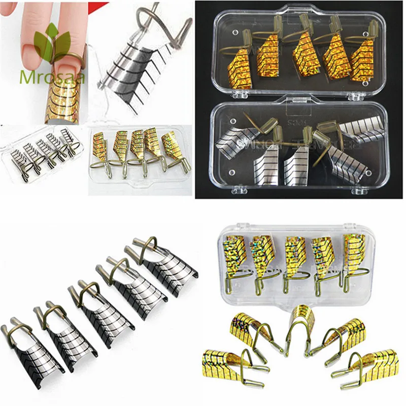 5Pcs/Set Golden Reuseable Nail Finger Tips Extension Tool UV Gel Acrylic Nail Forms Quick Building Mold Nails Art Manicure Tool