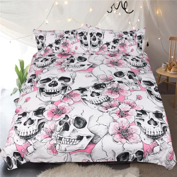

Sugar Skull Bedding Set Cherry Blossoms Duvet Cover Set Pink Floral 3-Piece Microfiber Gothic Bedspreads For Woman