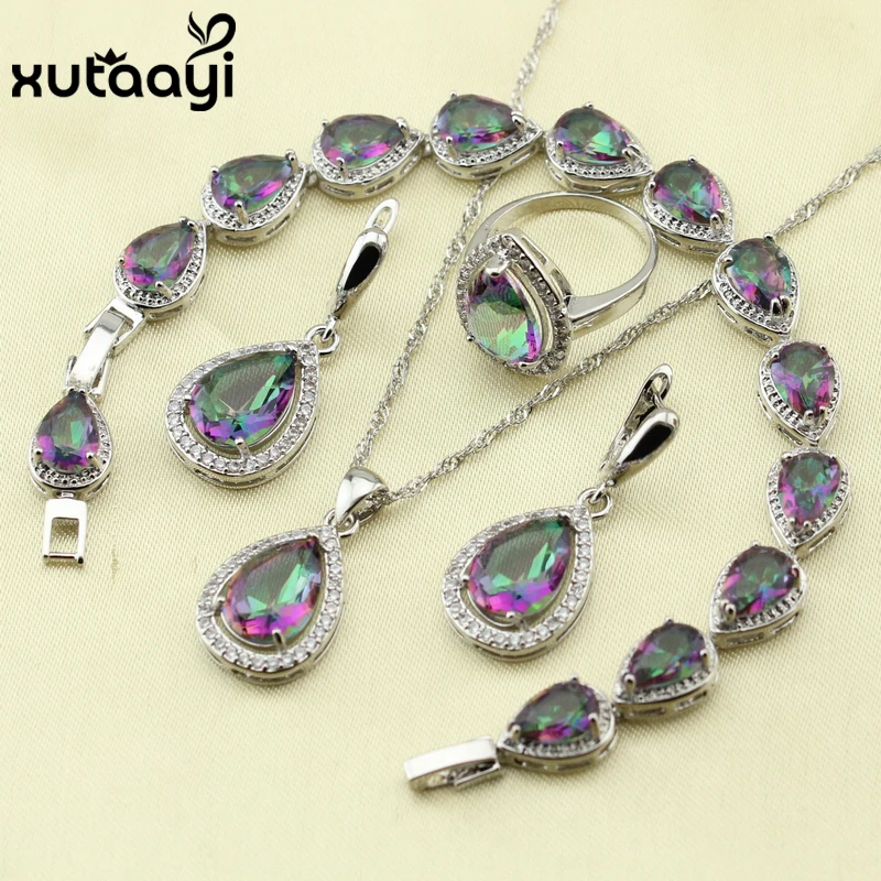 

XUTAATI 4PCS Water Drop Multicolor Rainbow Cubic Zirconia Silver Color Earrings Ring Necklace Pendant Bracelet Women Jewelry Set