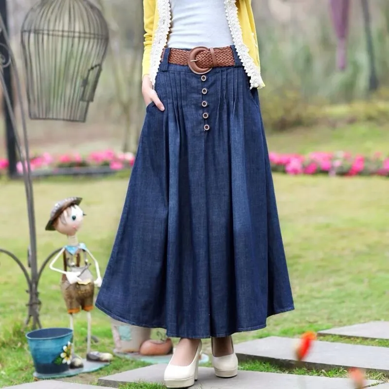Sokotoo Женская Повседневная Эластичная талия широкая Расклешенная юбка Дамская плюс большой размер длина по щиколотку Длинная тонкая джинсовая юбка с поясом