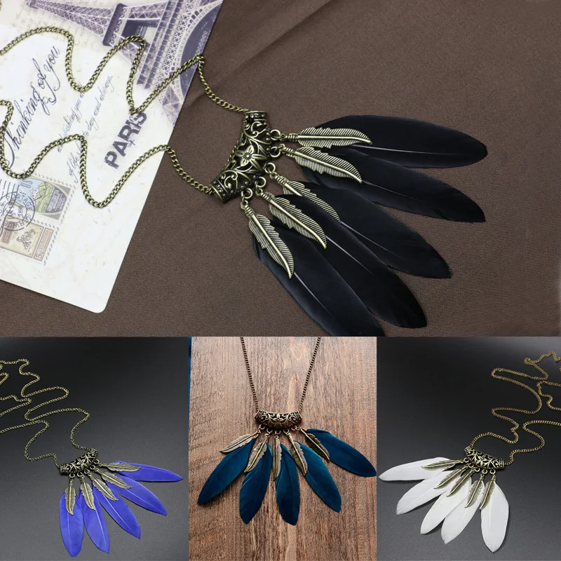 

2016 Fashion Women Hot Sale BOHO Ethnic Style Feather Pendant Retro Leaves Vintage Necklace Sweater Chain New