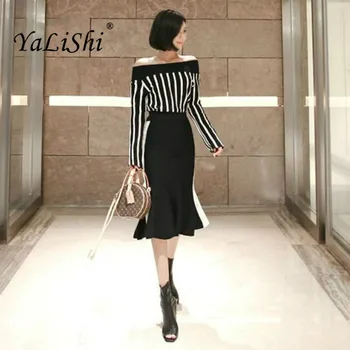 

2 Piece Set 2018 Autumn Women Black Full Sleeve Slash Neck Striped Knitting Casual Top and Mid-calf Ruffles Elegant Club Skirt