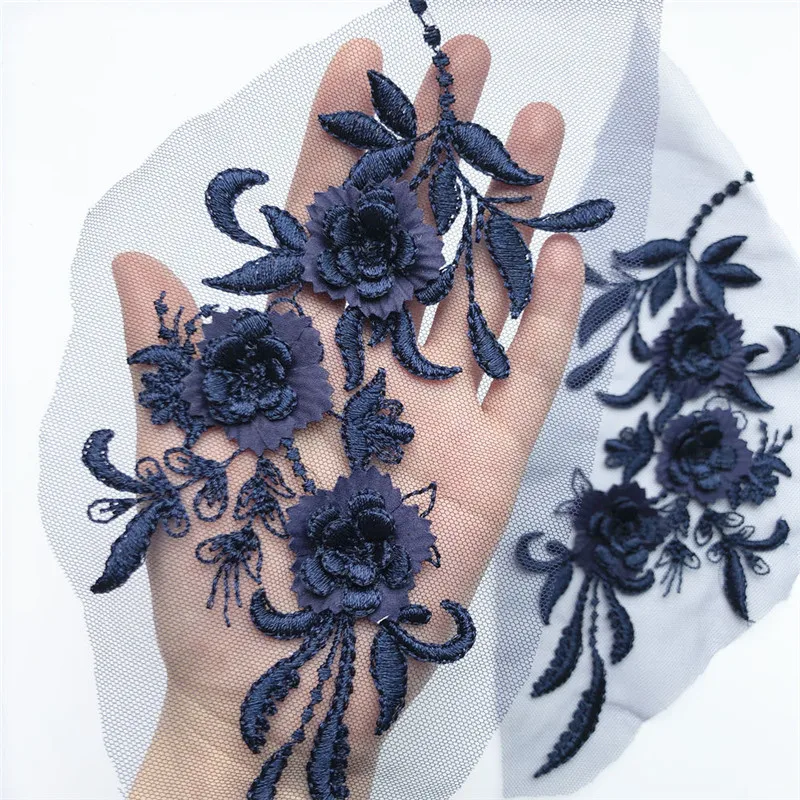 2 шт. 22 см вышитая нашивка на одежду темно синие цветы кисточкой Кружева Планки сетки Свадебная аппликация для вечернее свадебное платье DIY Декор
