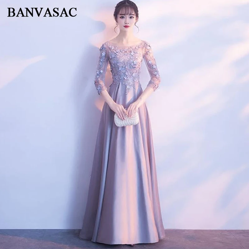 

BANVASAC 2018 Illusion O Neck Lace Appliques A Line Long Evening Dresses Party Flowers Satin Backless Prom Gowns